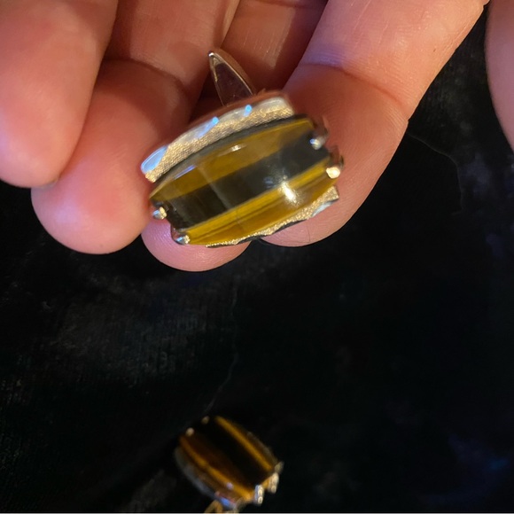 Vintage Genuine Tiger Eye Gemstone Cuff Links 3/4” faceted setting GORGEOUS! - Picture 7 of 8